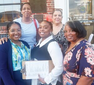 Hard At Work Members of Blackstone’s Juneteenth Committee, shown here outside Town Hall on April 21st, include, from left: Erielle Eppes, Janet Wilson, Chastiddy Bryant, Danielle Houdersheldt, and Ellen Eppes.