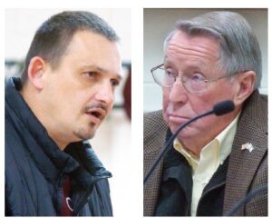 They Meet Again Chris Page (left) last Thursday night blasted School Board member Bill Outlaw’s behavior in Page’s yard during an encounter on the evening of Friday, Oct. 17th. Page has charged Outlaw with Trespassing After Forbidden.