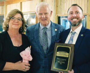 Happy Gathering Nottoway County’s State Delegate, Lee Ware (R-72nd) of Powhatan, was among the guests Saturday night at the Blackstone Chamber of Commerce banquet held at the Cross-Thomas Event Center. He’s shown here with Crewe Mayor Brenda Payne (left) and Crewe Town Manager Phil Miskovic. MORE BANQUET COVERAGE: Pages 7, 8, & 9